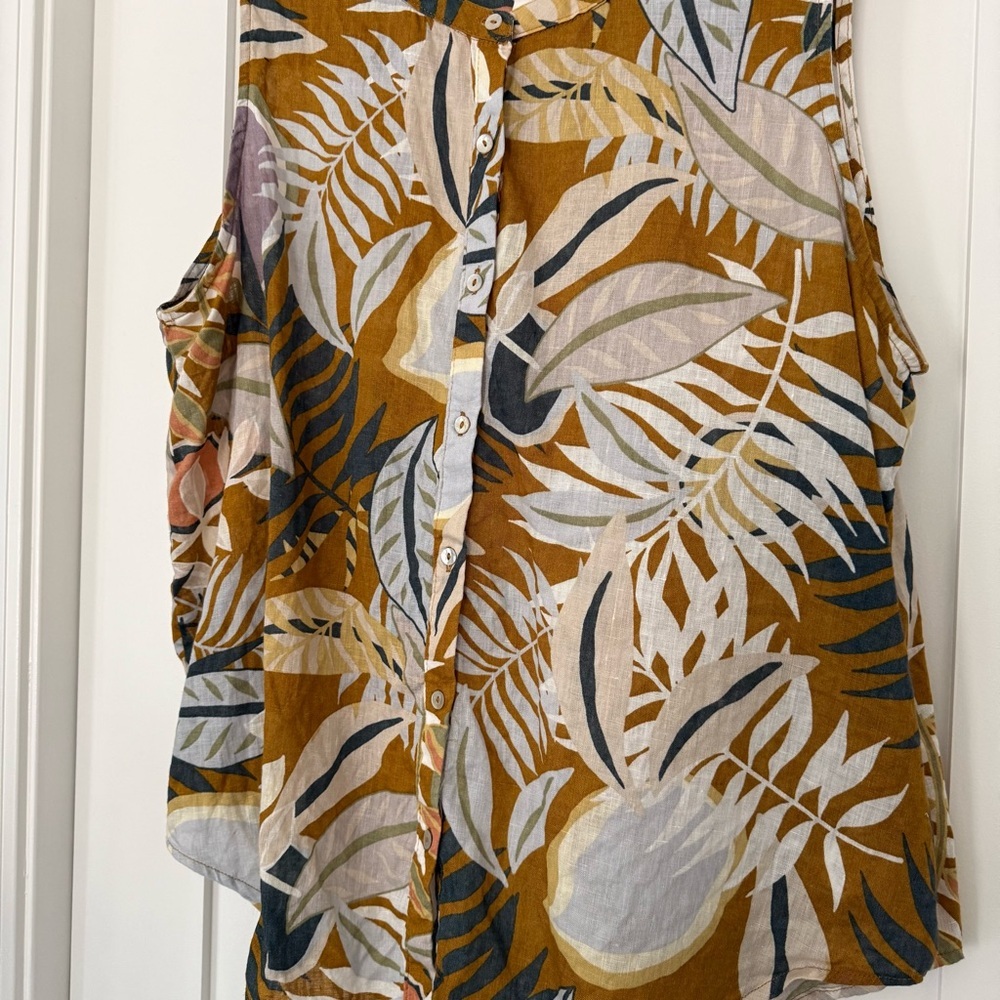 100% linen sleeveless button down‎ blouse tank tropical leaf C&C CALIFORNIA XL - Picture 2 of 6